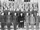 320__0009 - Servicemen from the seven different countries getting their wings and Nav half wings from Princess Juliana at Ancienne Lorette near Quebec City, Canada. My father is standing in the front row on the extreme left
